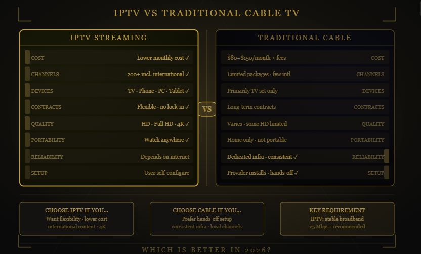 4K Live IPTV  IPTV versus cable TV comparison chart highlighting features and benefits.