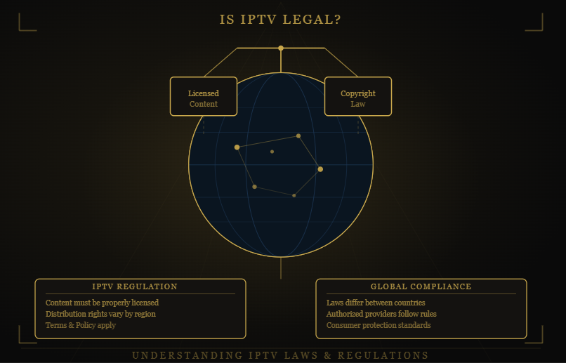 4K Live IPTV  IPTV legality infographic explaining licensed content, copyright laws, streaming regulations, legal IPTV services, and consumer compliance requirements.