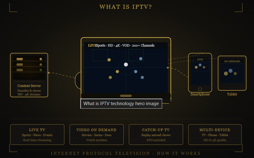 What is 4K Live IPTV IPTV infographic showing live TV, VOD, catch-up TV, multi-device streaming, and the key features of internet-based television services.